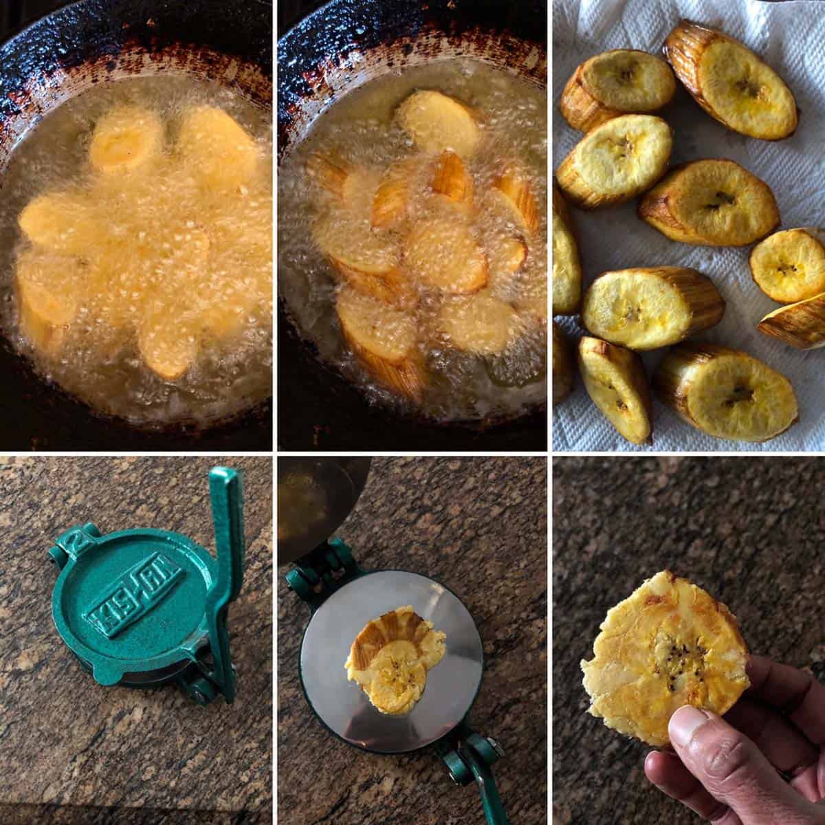 6 panel photo showing the deep frying of plantain.