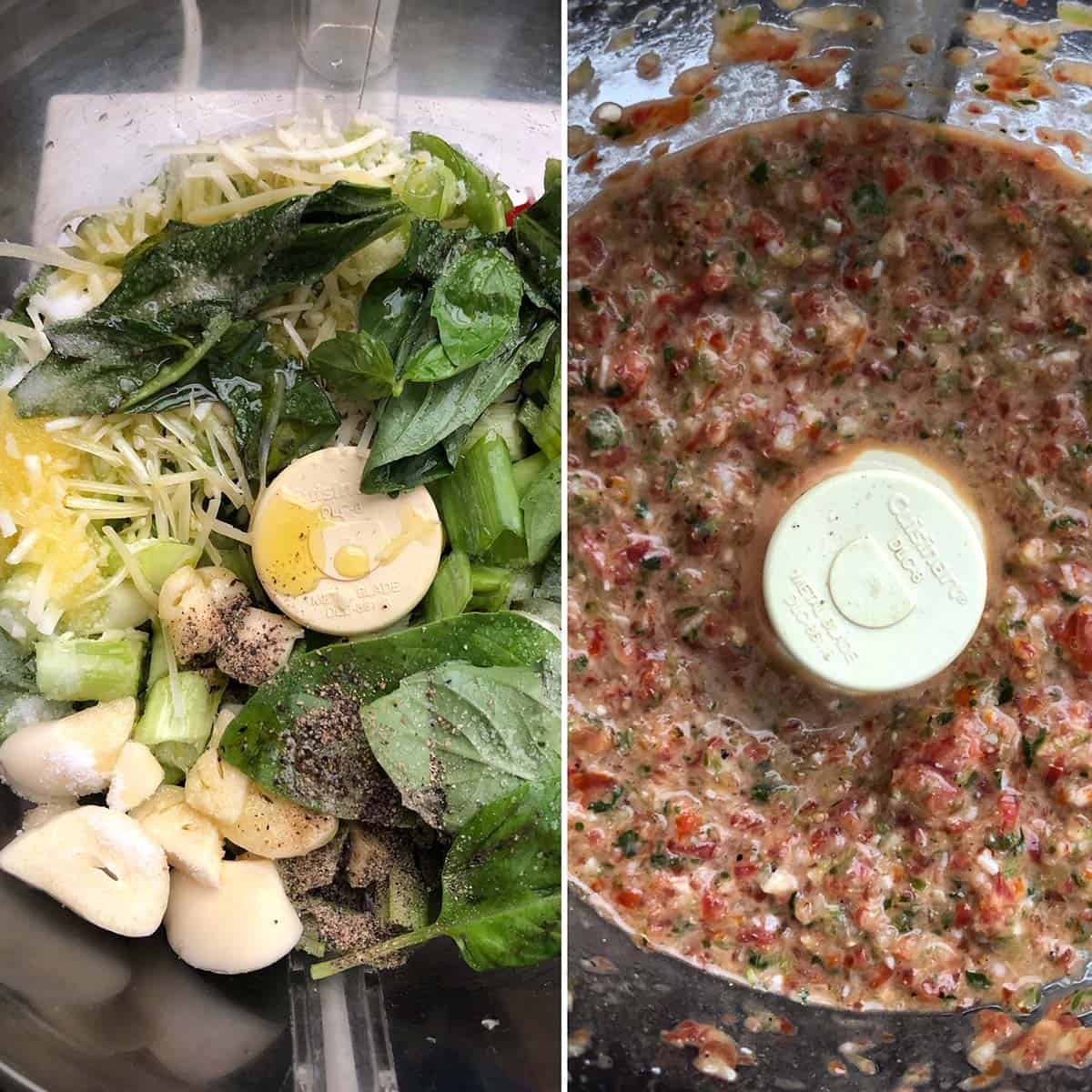 2 panel photo showing the making of sauce in a food processor.