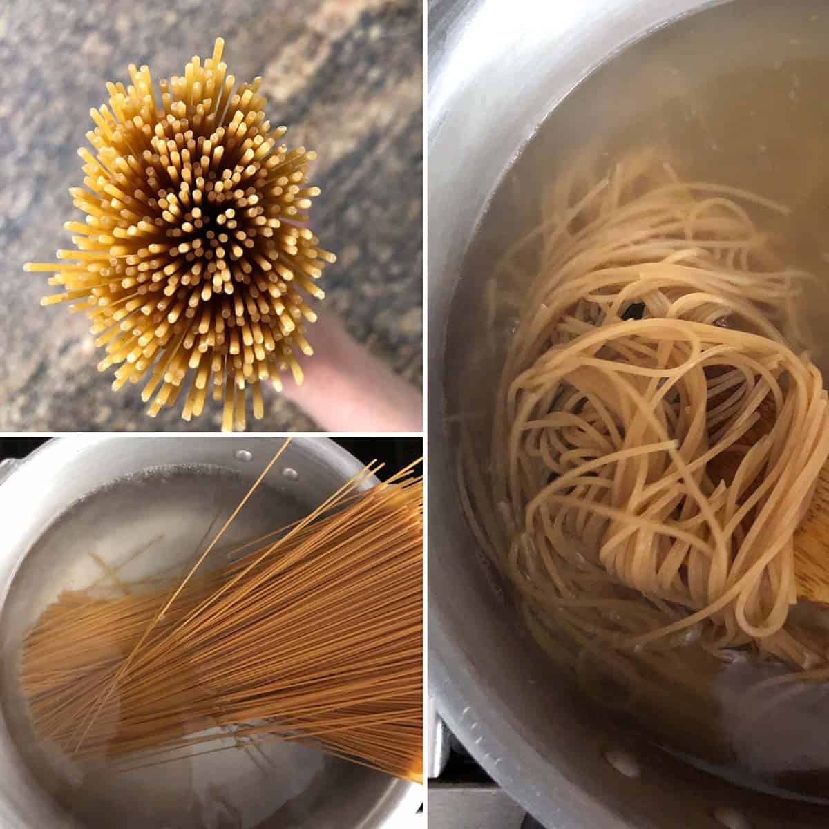 3 panel photo showing the cooking of spaghetti.