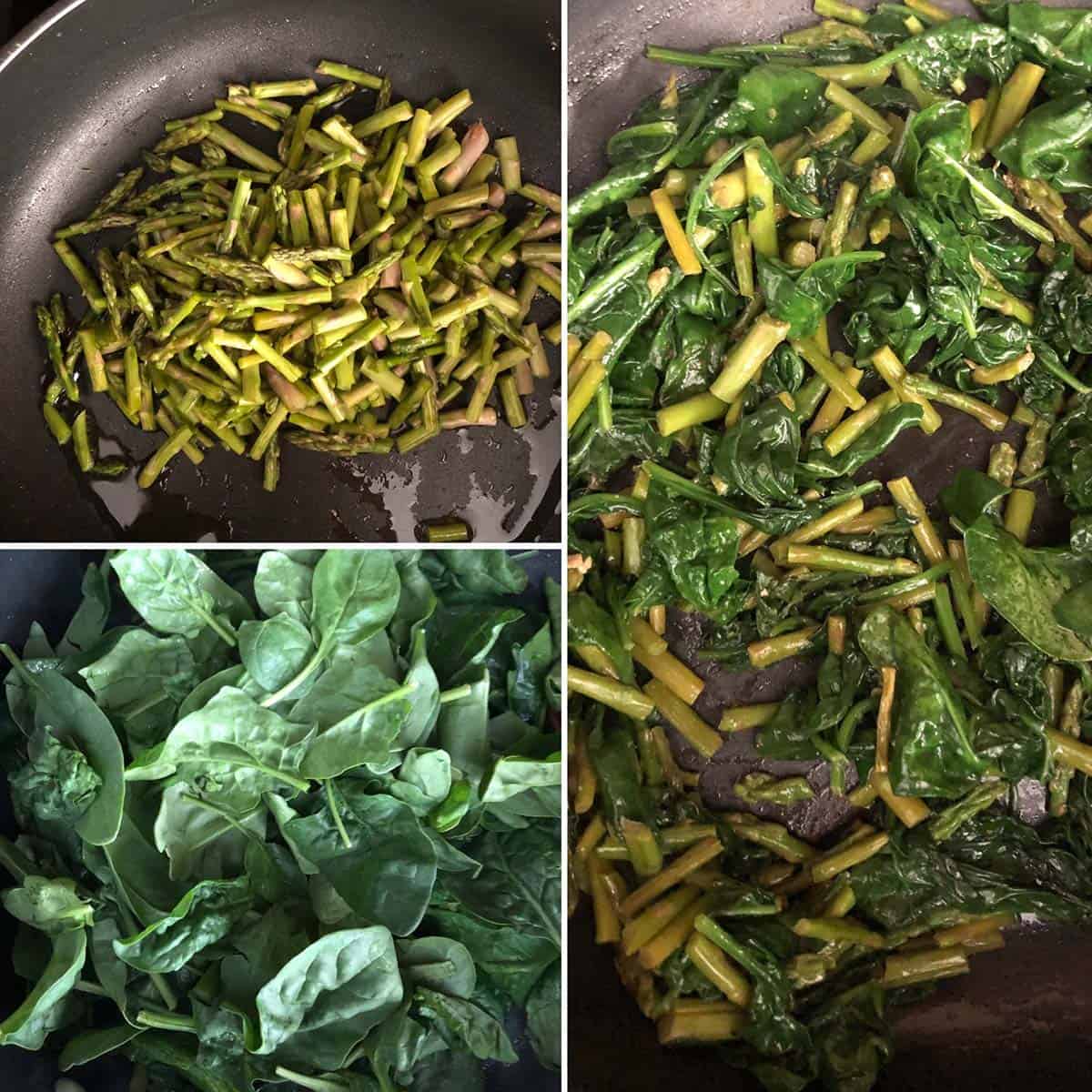 3 panel photo showing the sautéing of asparagus and spinach.