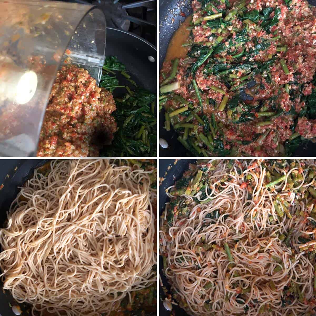 4 panel photo showing the addition of pasta sauce to veggies and pasta.