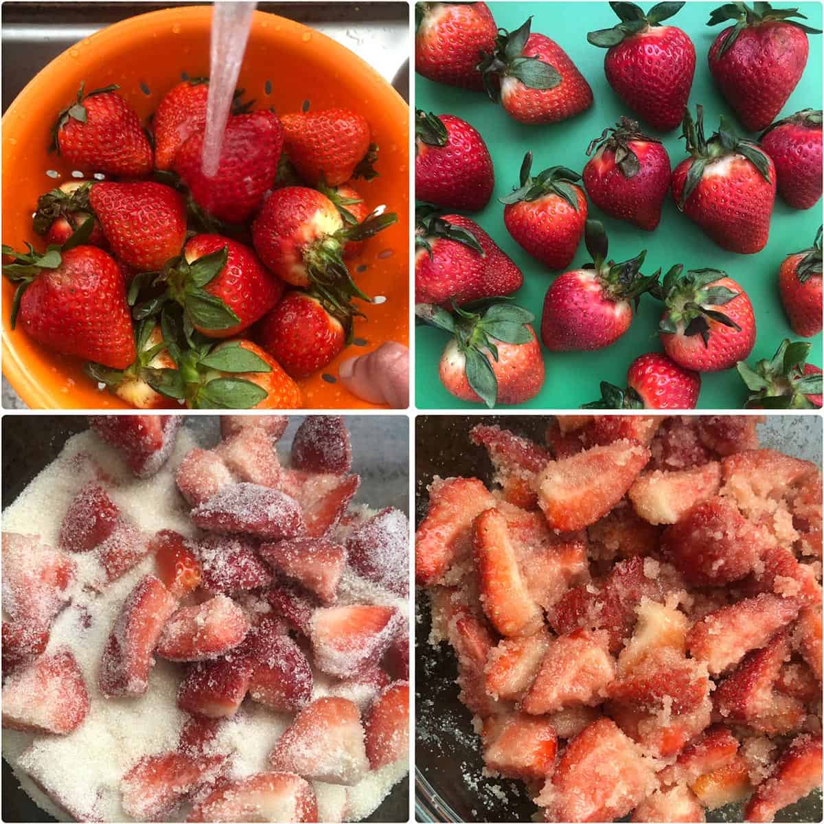 step by step photos showing cleaning berries and mixing them with sugar