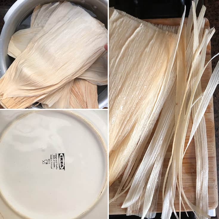 Step by step photos showing the soaking of dried corn husks until pliable