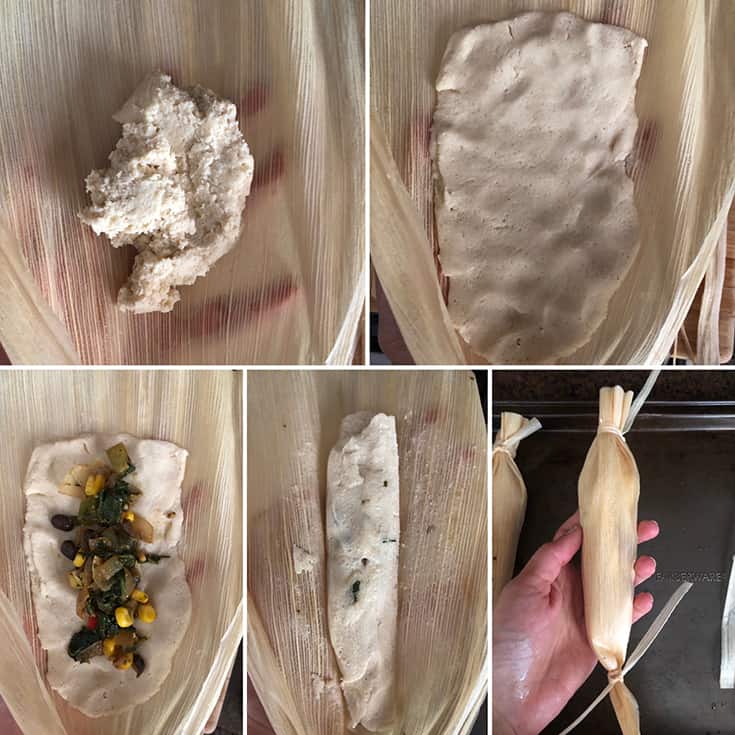 Step by step photos masa dough spread on a corn husk topped with filling and made into a tube form