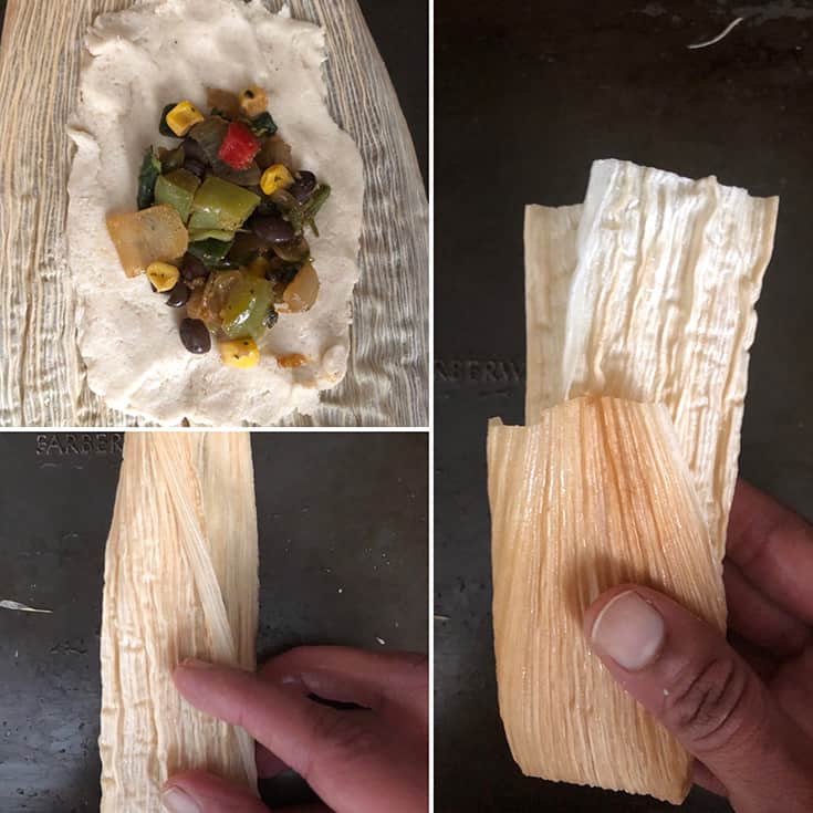 Step by step photos masa dough spread on a corn husk topped with filling and made into a tamale