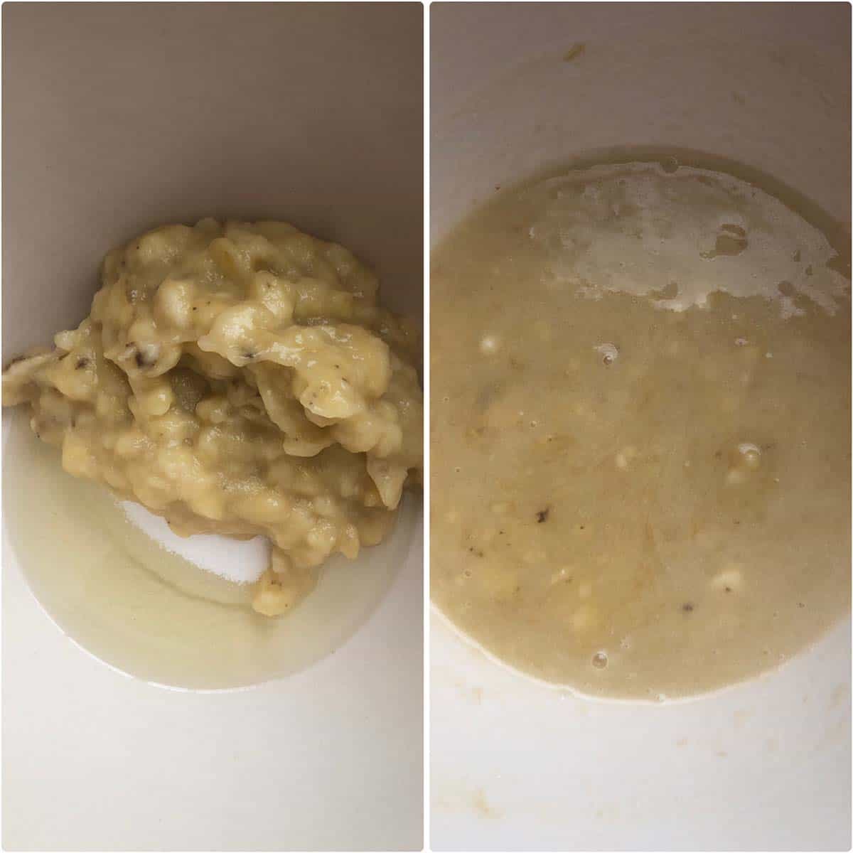 2 panel photo showing the mixing of wet ingredients.