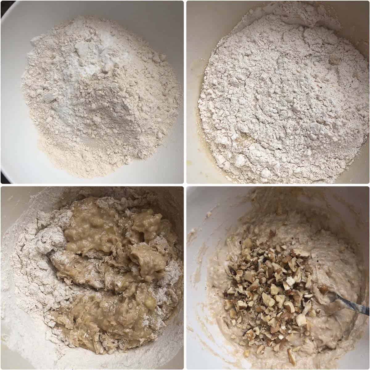 4 panel photos showing dry ingredients being mixed with wet ingredients.