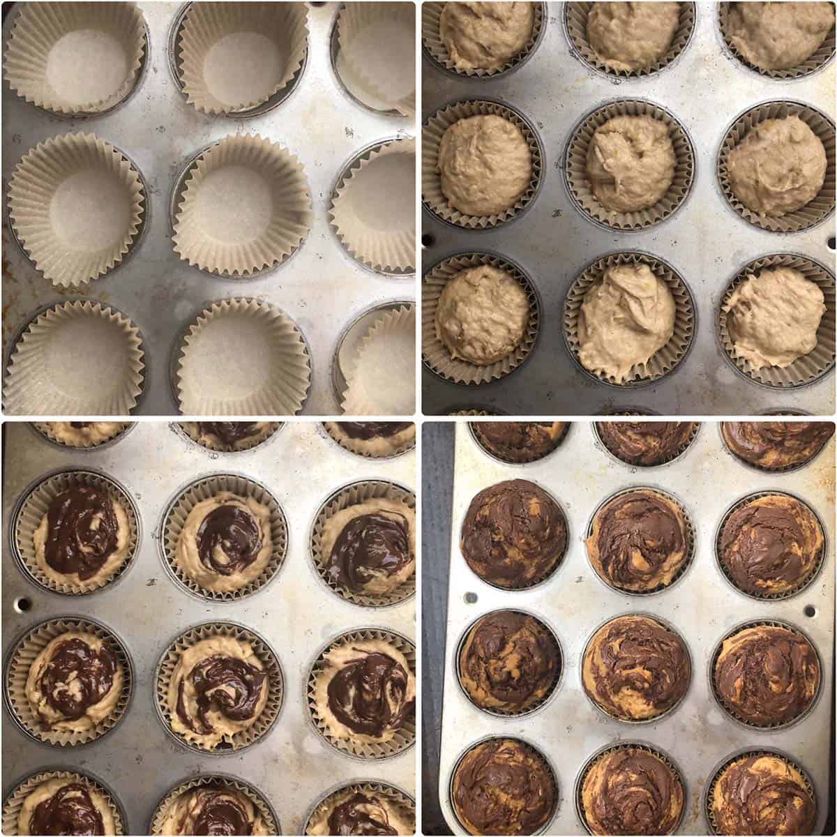 4 panel photo showing the filling of muffin pan with batter and baked until done.