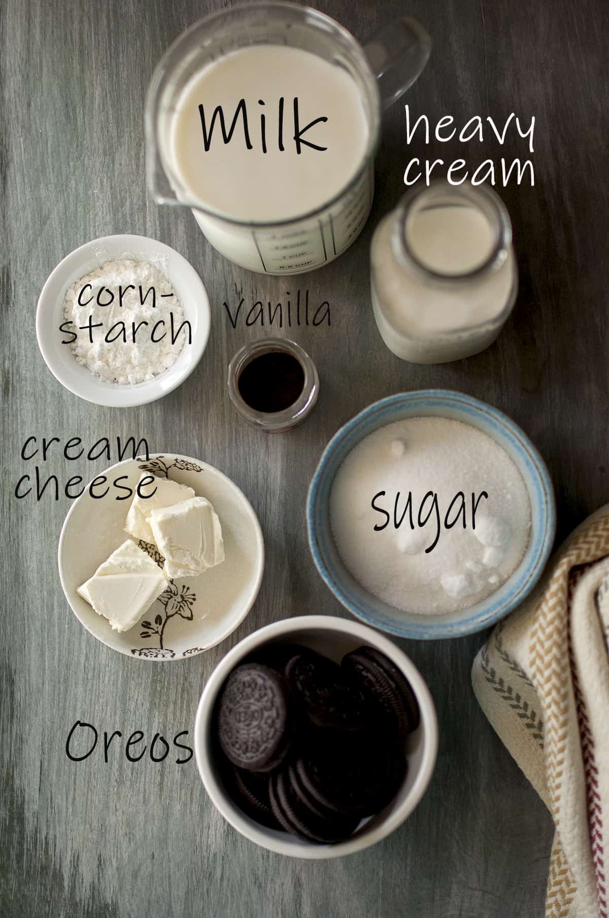 Ingredients needed - milk, heavy cream, sugar, oreos, cream cheese, cornstarch, crushed vanilla