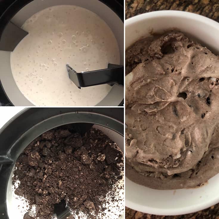 Step by step photos showing churning of ice cream and addition of crushed oreos