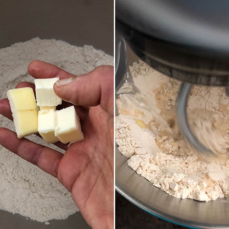 Side by side collage showing the addition of butter and water to dry ingredients