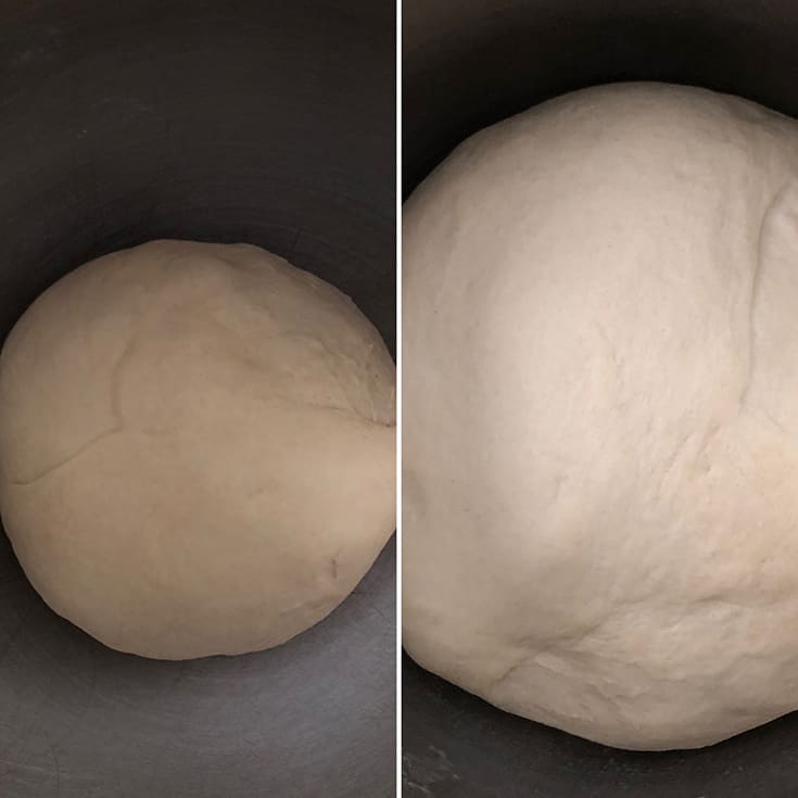 Side by side photos of dough - before and after proofing