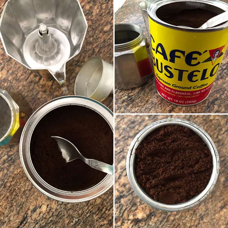 Photos showing filling the percolator with espresso powder