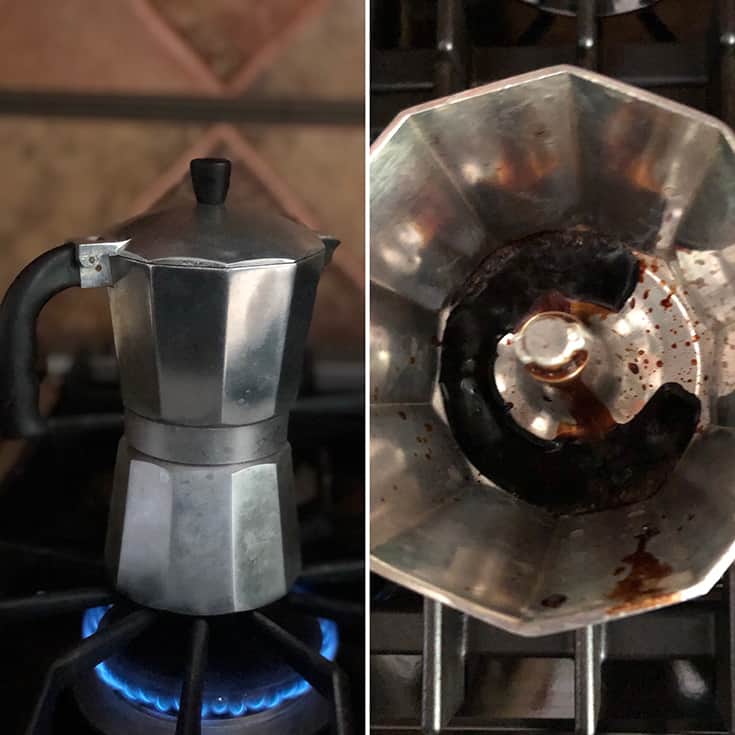 Photo of stove top espresso machine and coffee percolating