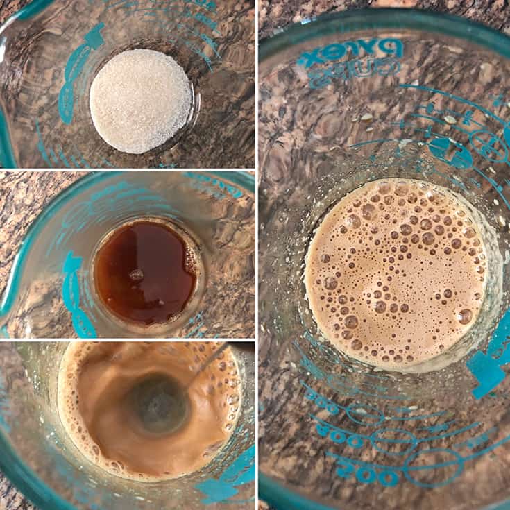 Combining sugar, hot espresso and beating until frothy and light