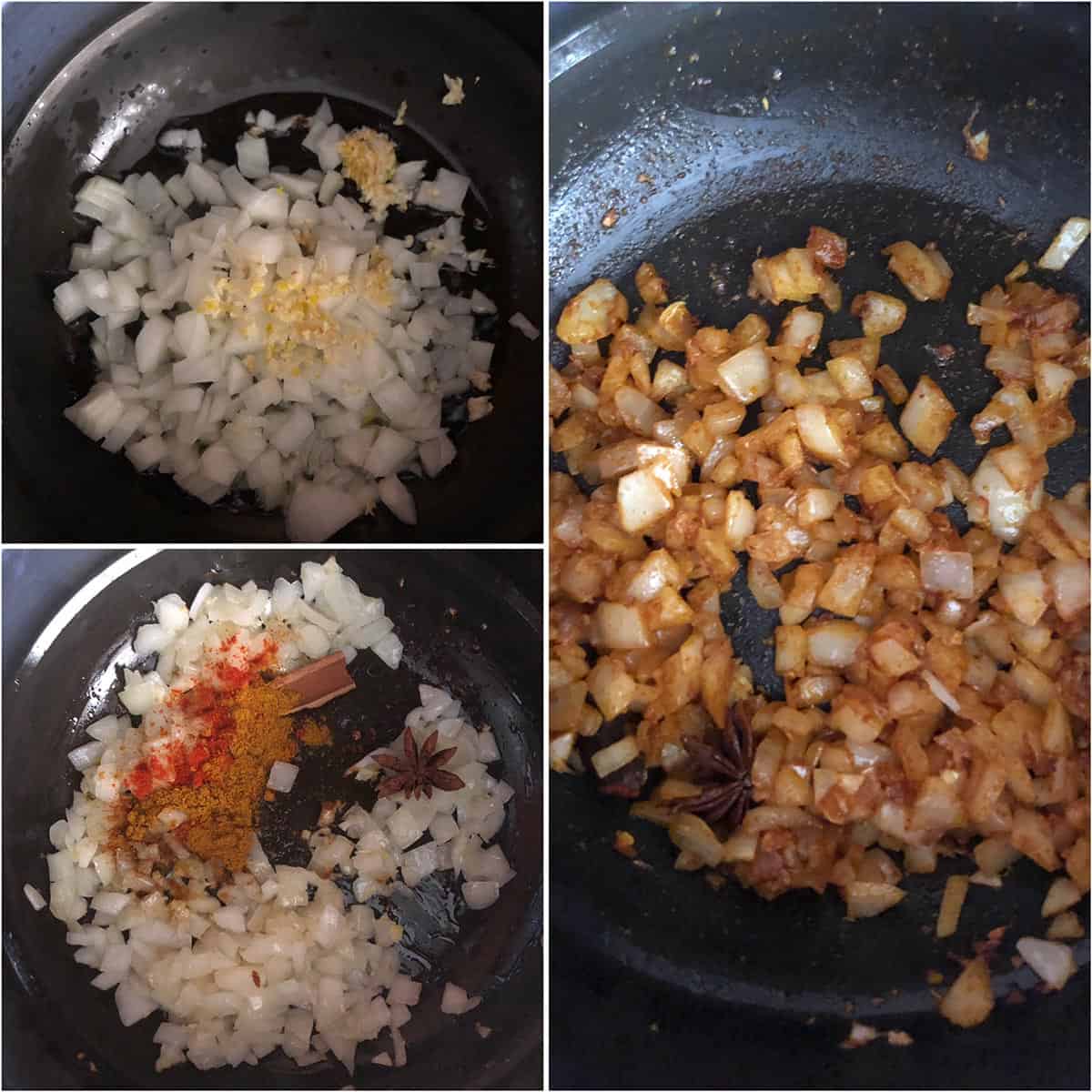 Step by step photos showing the sautéing of onions and spices