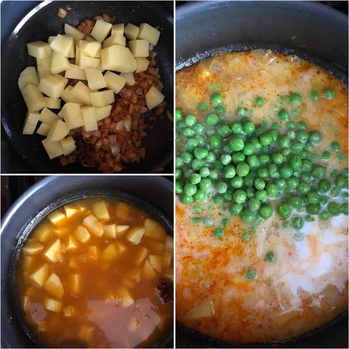 Adding potatoes, water and peas to the pan