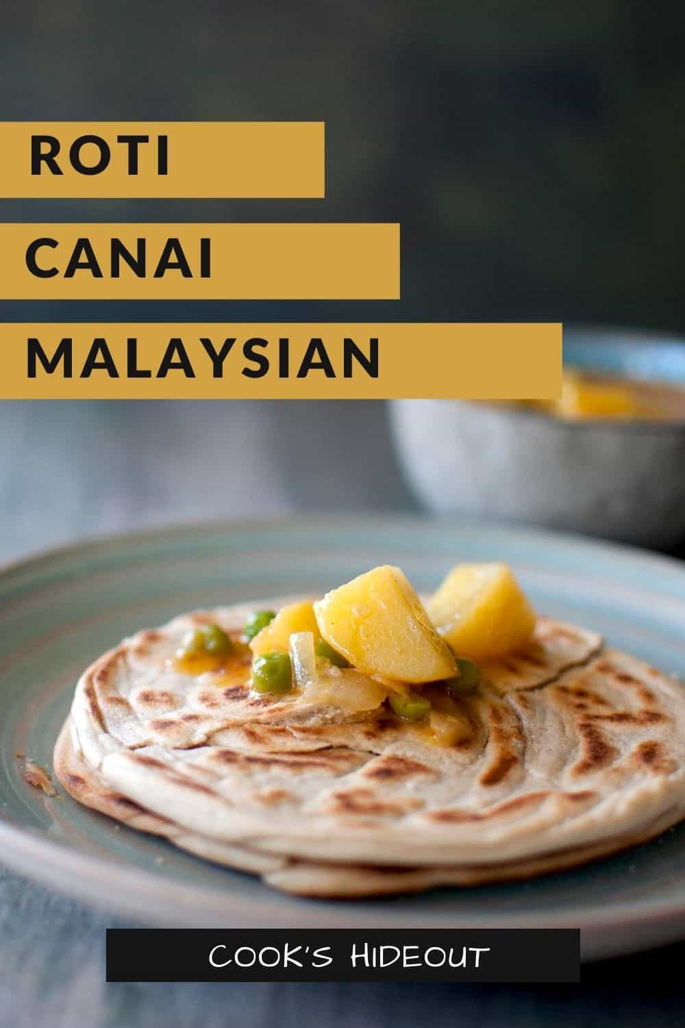 Blue plate with a plate of roti canai topped with potato curry sauce