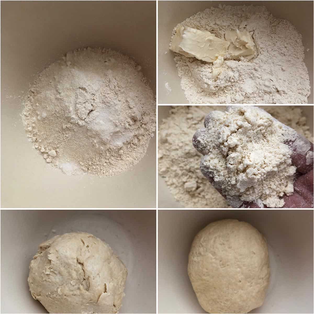 Step by step photos showing the mixing of ingredients for the dough