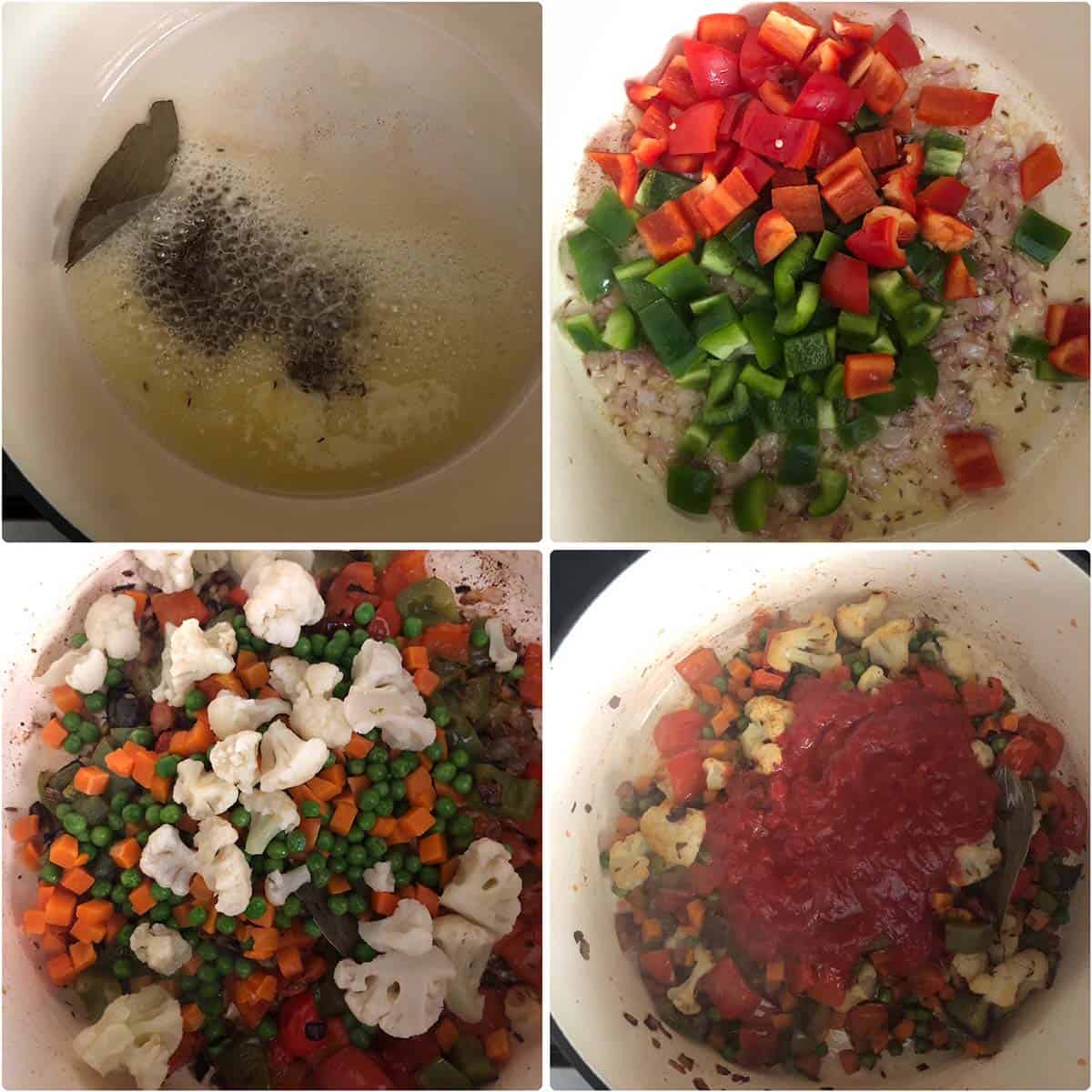 4 panel photo showing the sautéing of spices, veggies and tomato puree.