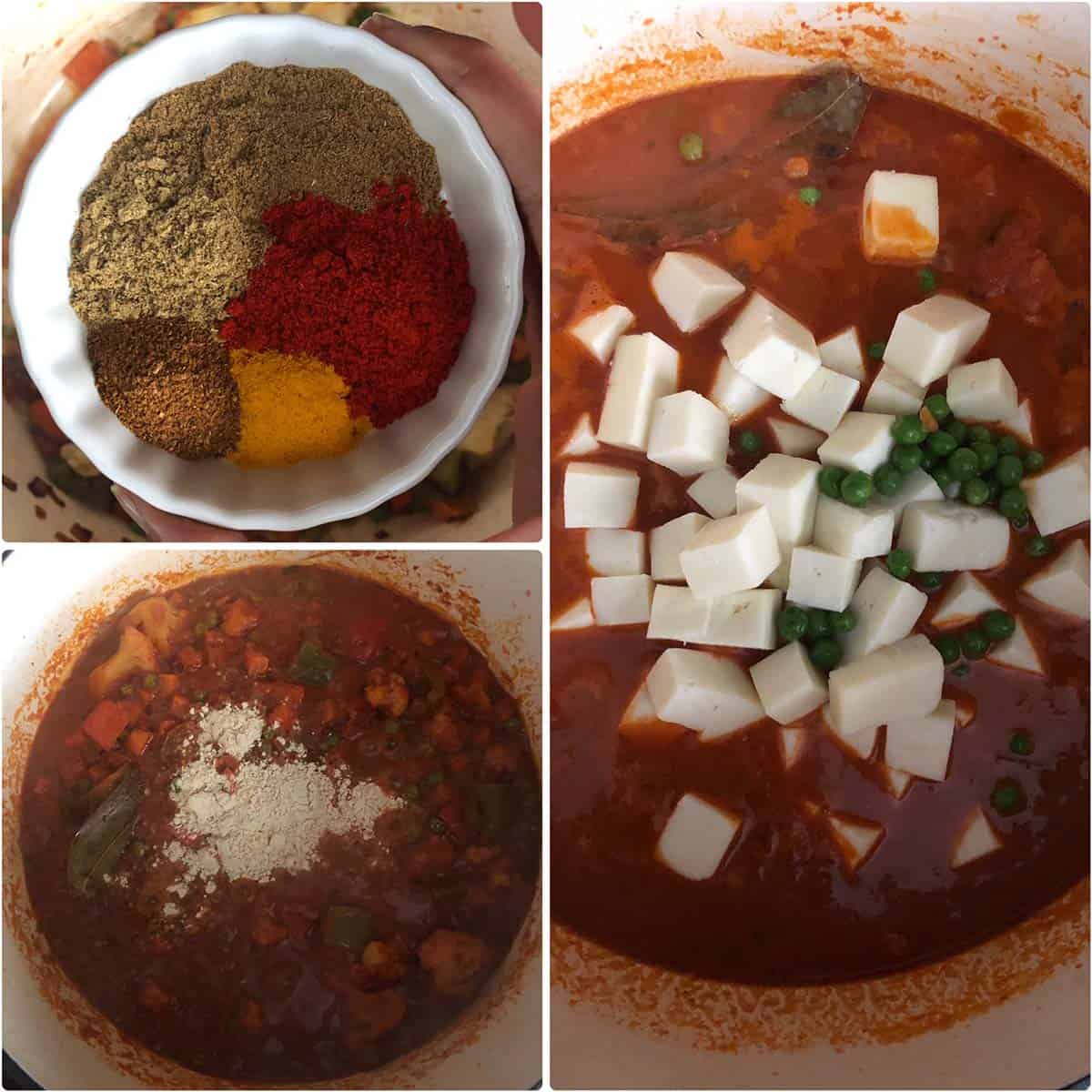 3 panel photo showing the addition of spices, almonds to the pan.