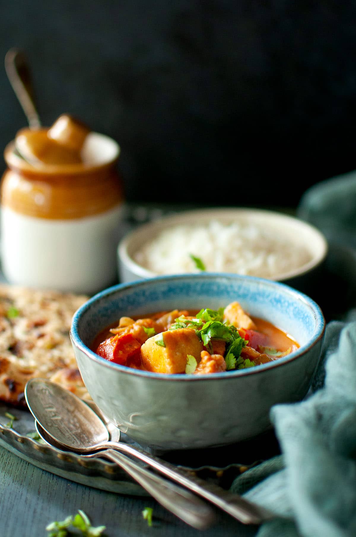 Blue bowl with paneer mix vegetable curry.