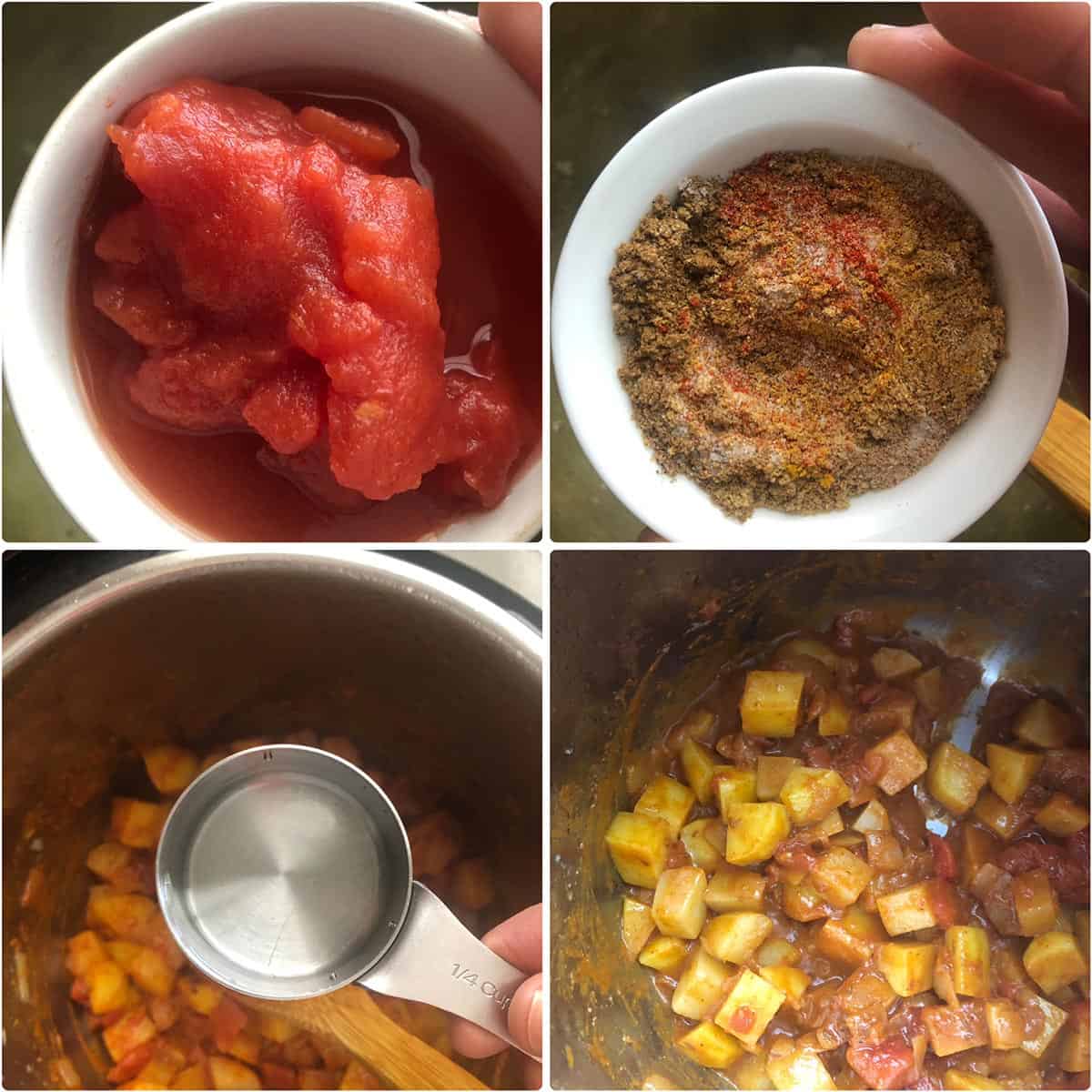 Adding tomatoes, spices and water to the pot