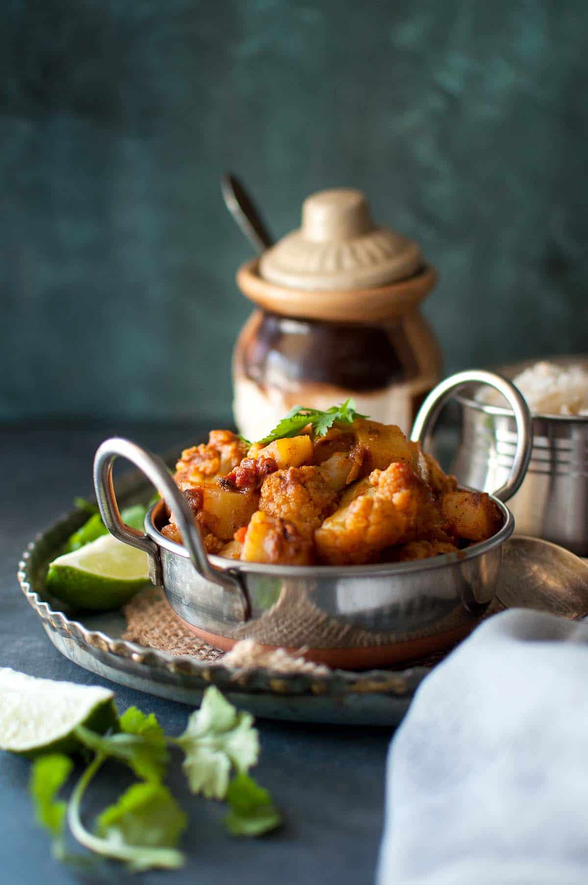 Steel bowl with aloo gobi sabji