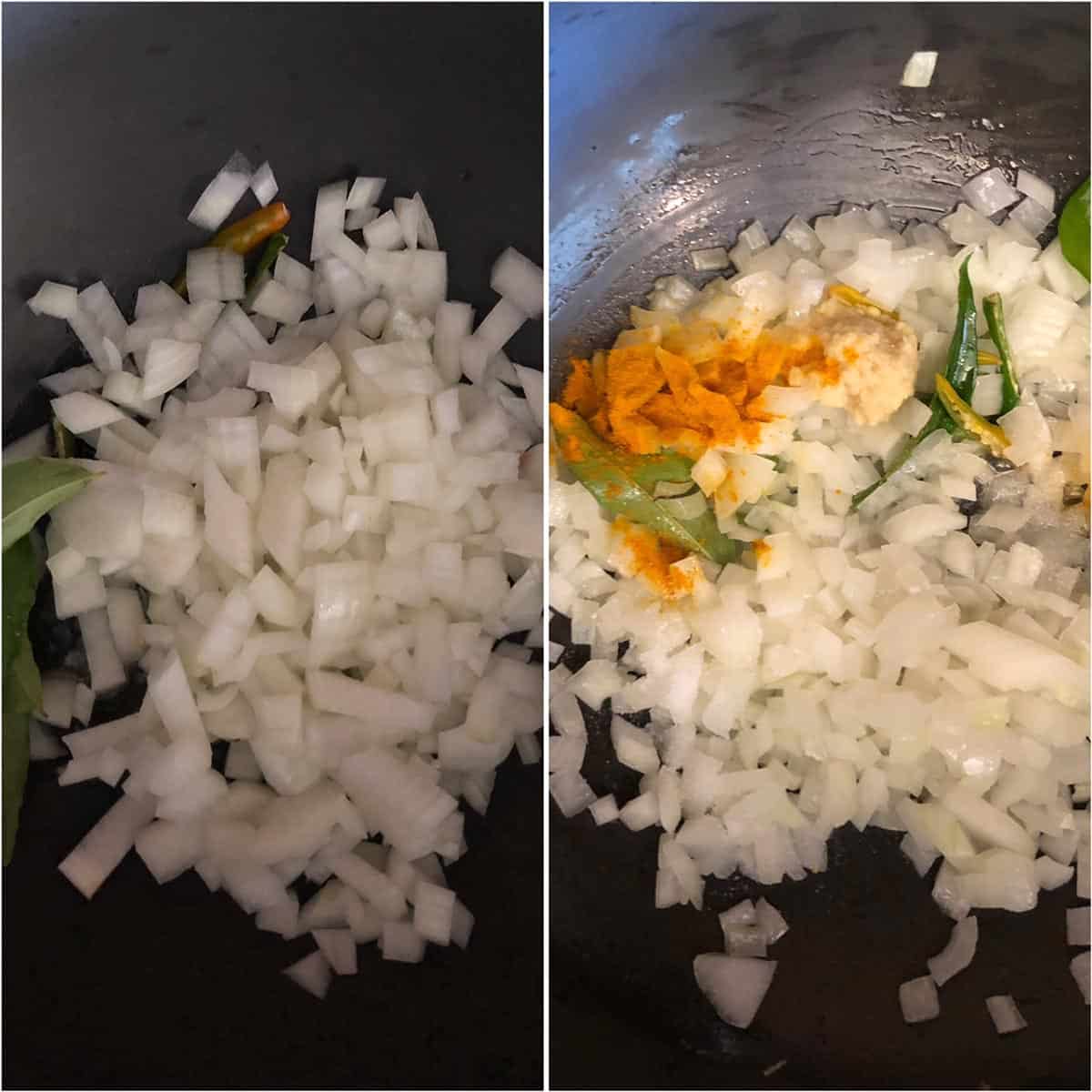 Sauteing chopped onions with green chilies and turmeric