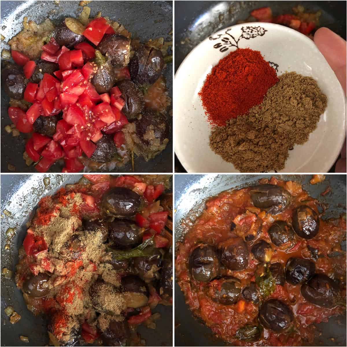 Adding tomatoes and spices to the curry