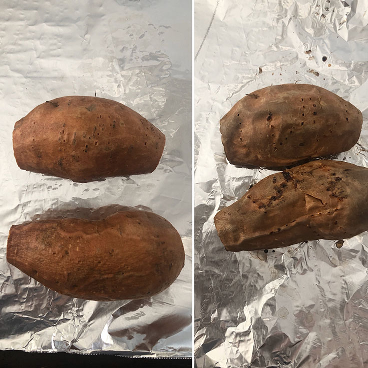 Photos showing 2 sweet potatoes before and after baking