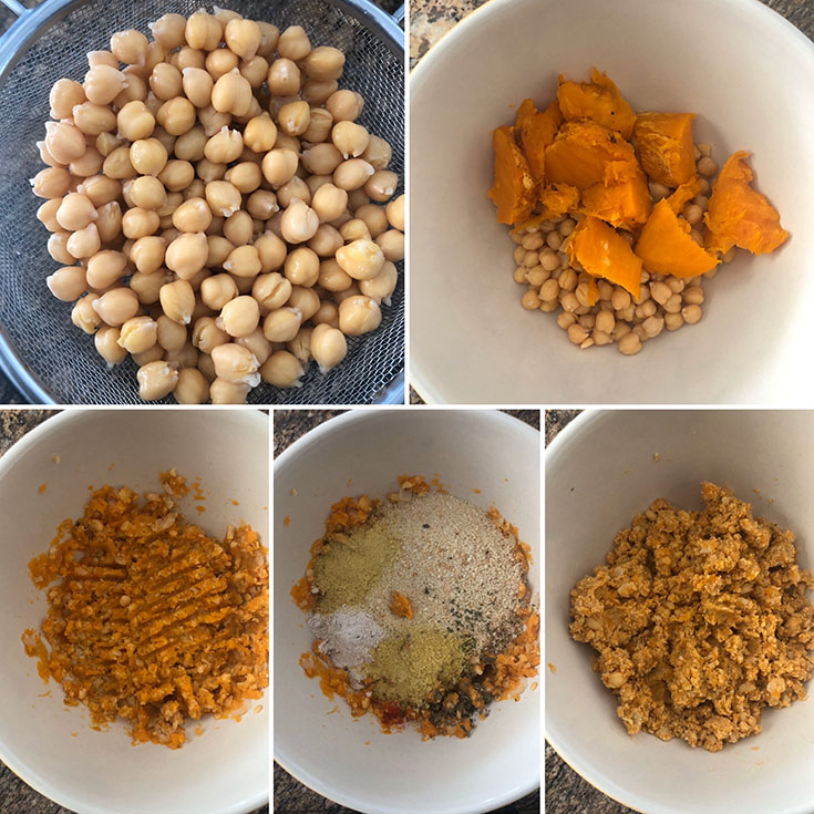 Step by step photos showing drained canned chickpeas mashed with roasted sweet potato. Flour, breadcrumbs are added to make the burger mixture