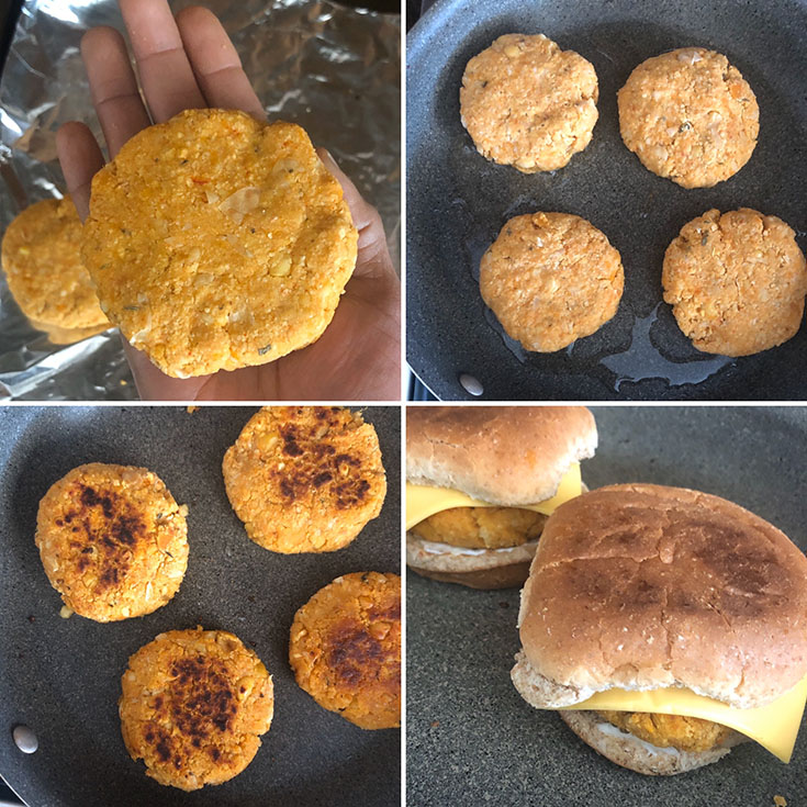 Step by step photos showing the making and cooking of burgers