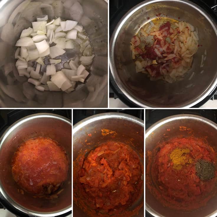 Step by step photos showing the sauteing of onions and tomatoes