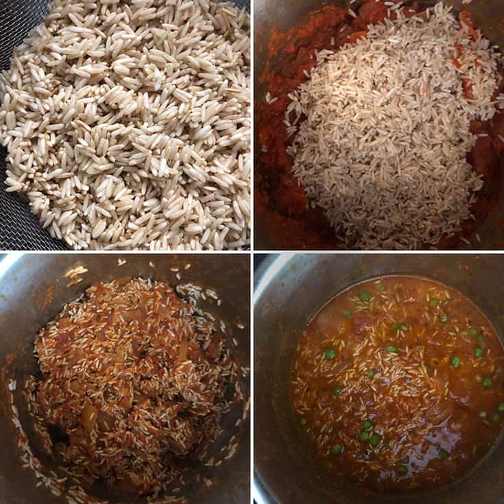 Step by step photos showing brown rice being added to the instant pot