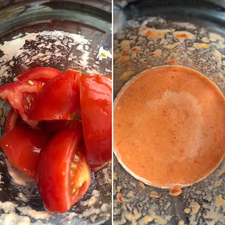 Side by side photos showing the making of tomato mixture