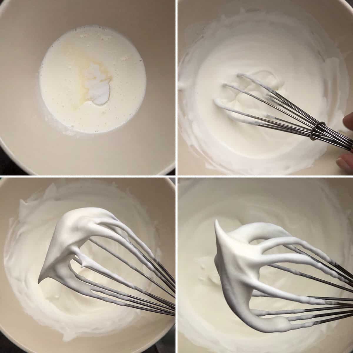 Step by step photos showing heavy cream whipped until stiff peak forms.