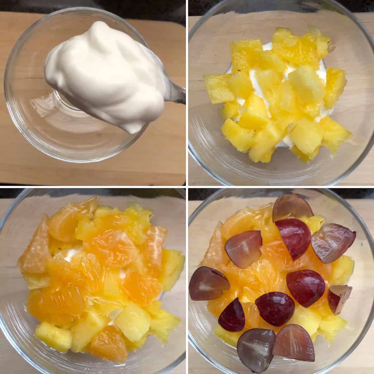 Step by step photos showing the building of Ambrosia salad parfait