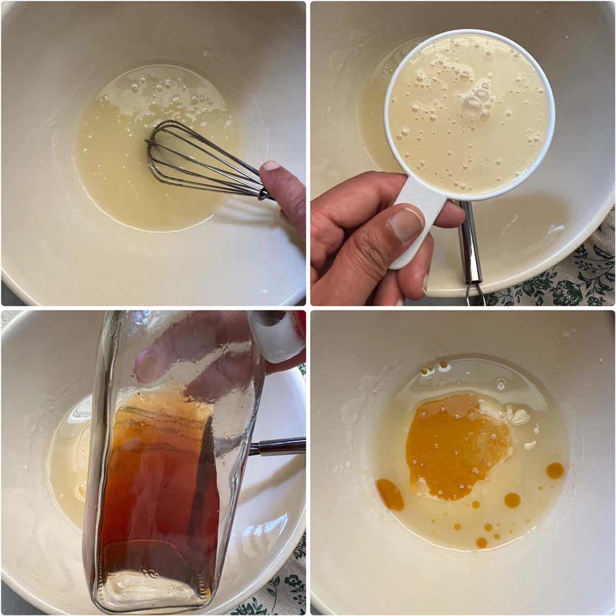 4 panel photo showing the mixing of wet ingredients in a bowl.