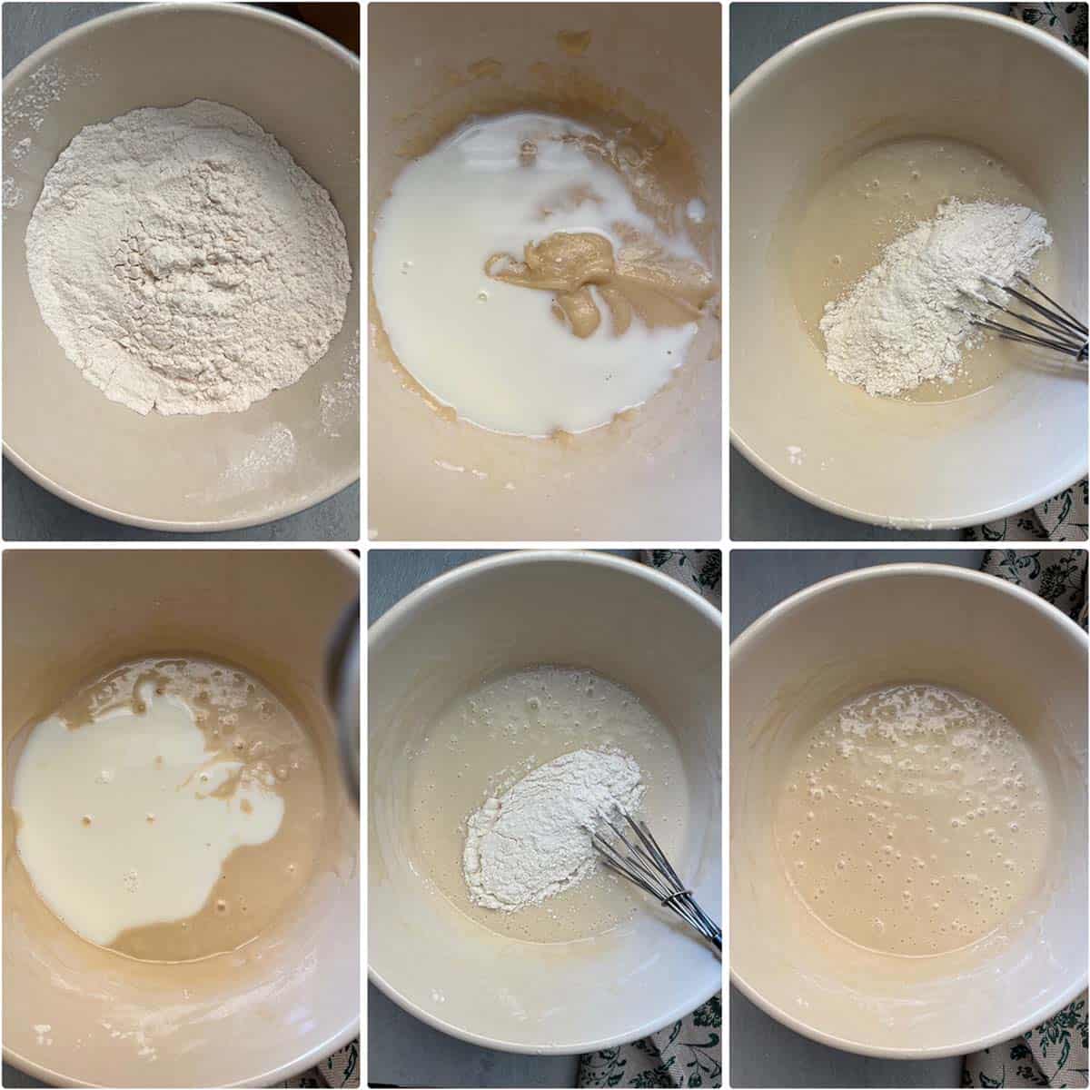 6 panel photo showing the mixing of batter ingredients.