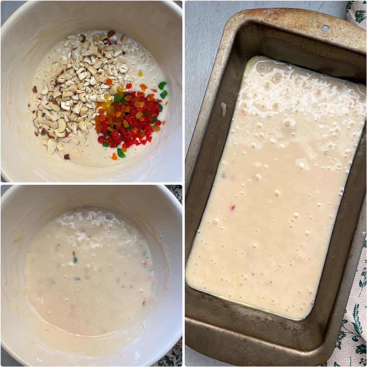 3 panel photo showing the addition of tutti frutti and nuts to the batter and pouring the batter into loaf pan.