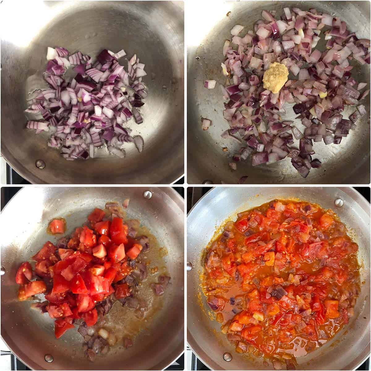 4 panel photo showing the sautéing onions and tomatoes.
