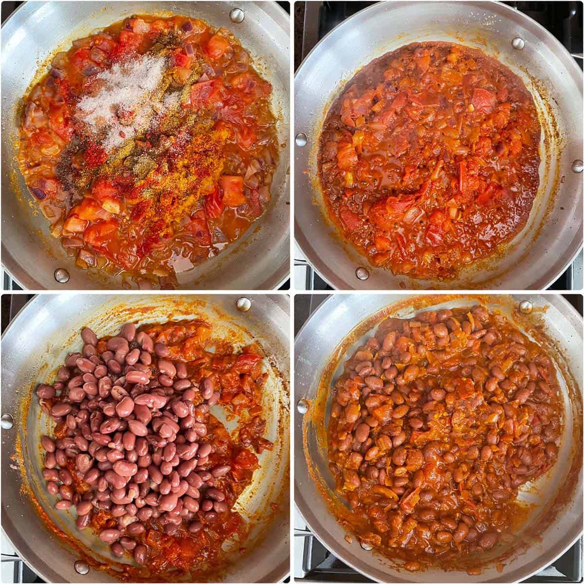 4 panel photo showing the addition of spices and beans to the tomatoes in pan.