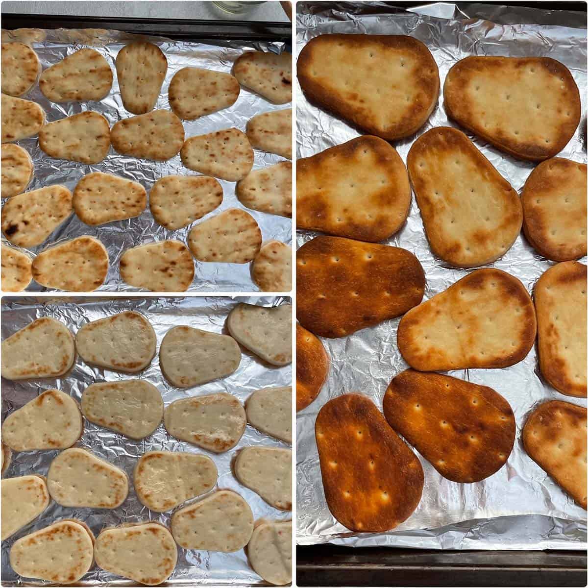 3 panel photo showing the original, oiled and baked naan chips.