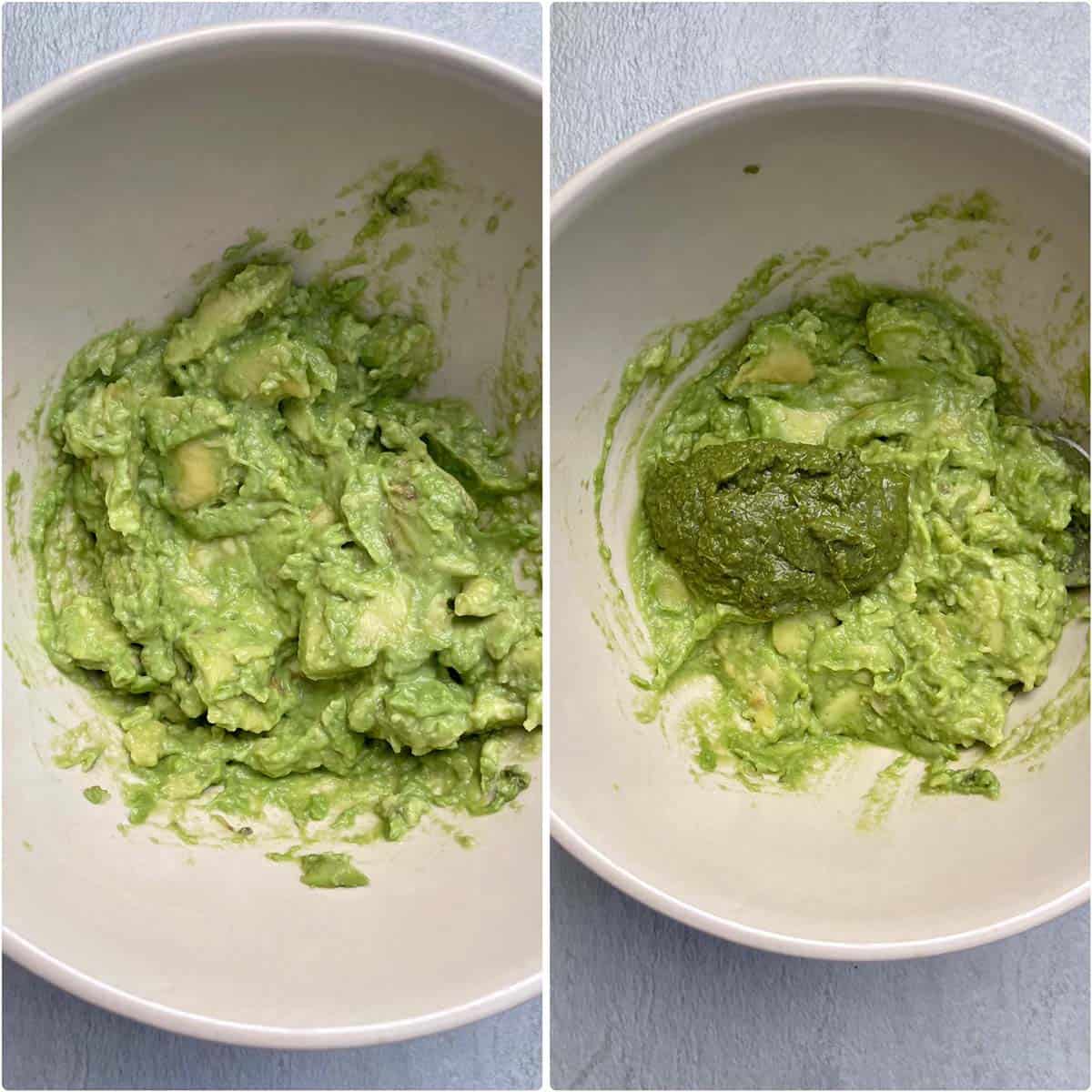 2 panel photo showing mashed avocado and addition of green chutney.