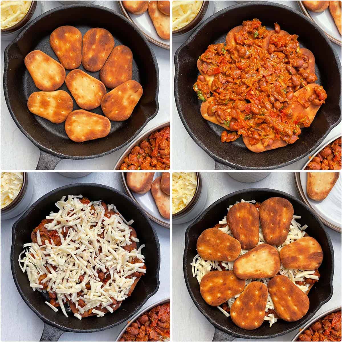 4 panel photo showing the layering of cast iron skillet with chips, kidney bean mixture and cheese.