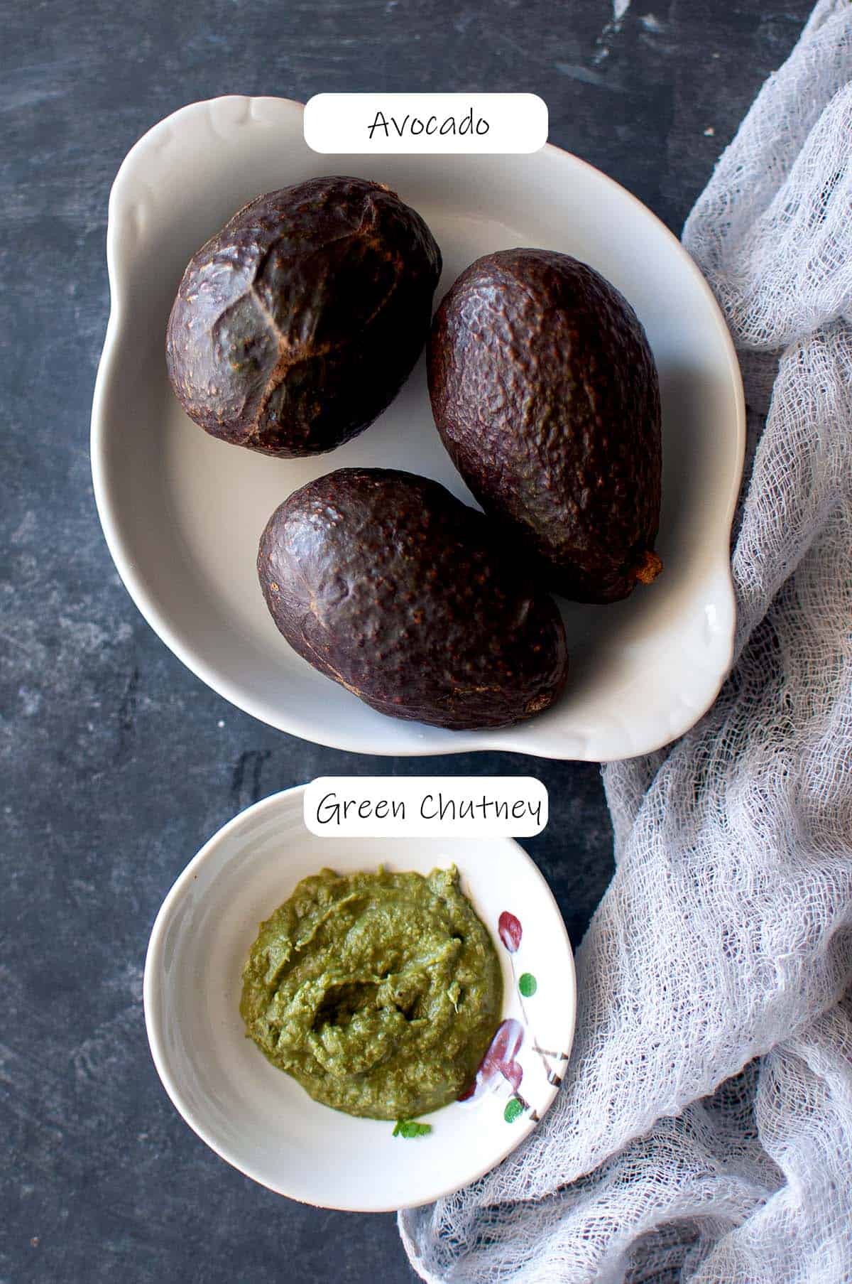 Ingredients needed to make green chutney guacamole.