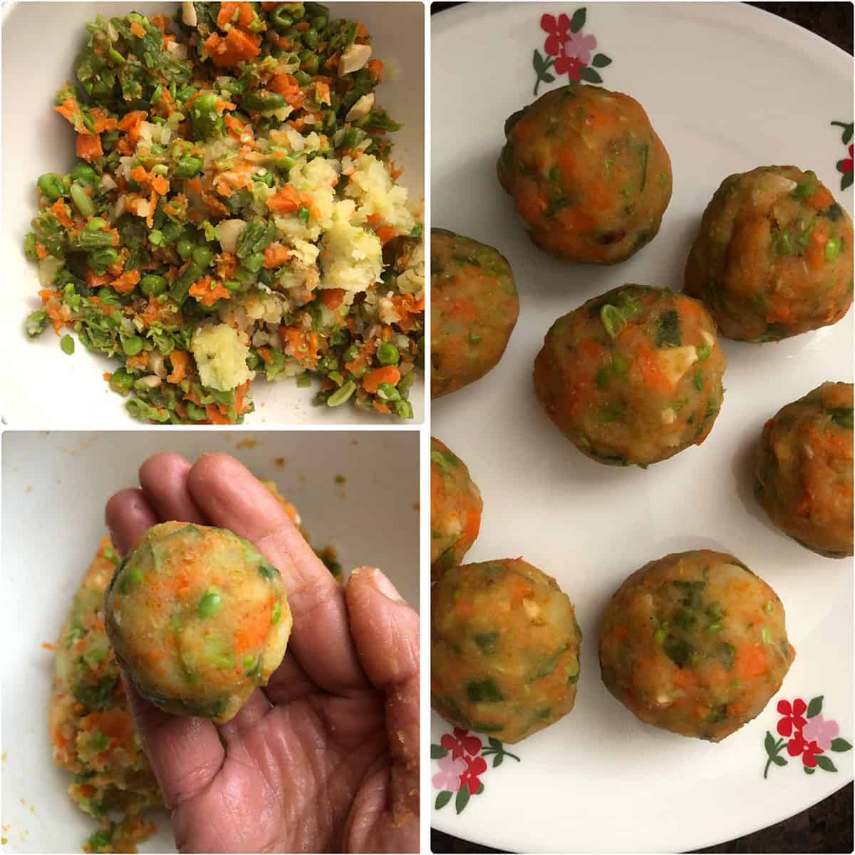 Mashed potato and veggies rolled into a ball and placed on a plate