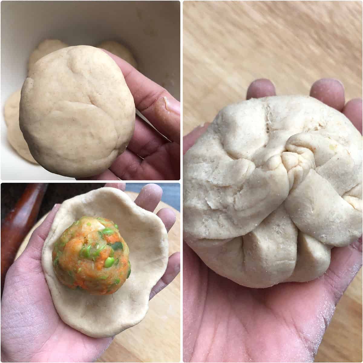 Dough ball formed into a disc and veggie filling placed in the center and covered with the dough