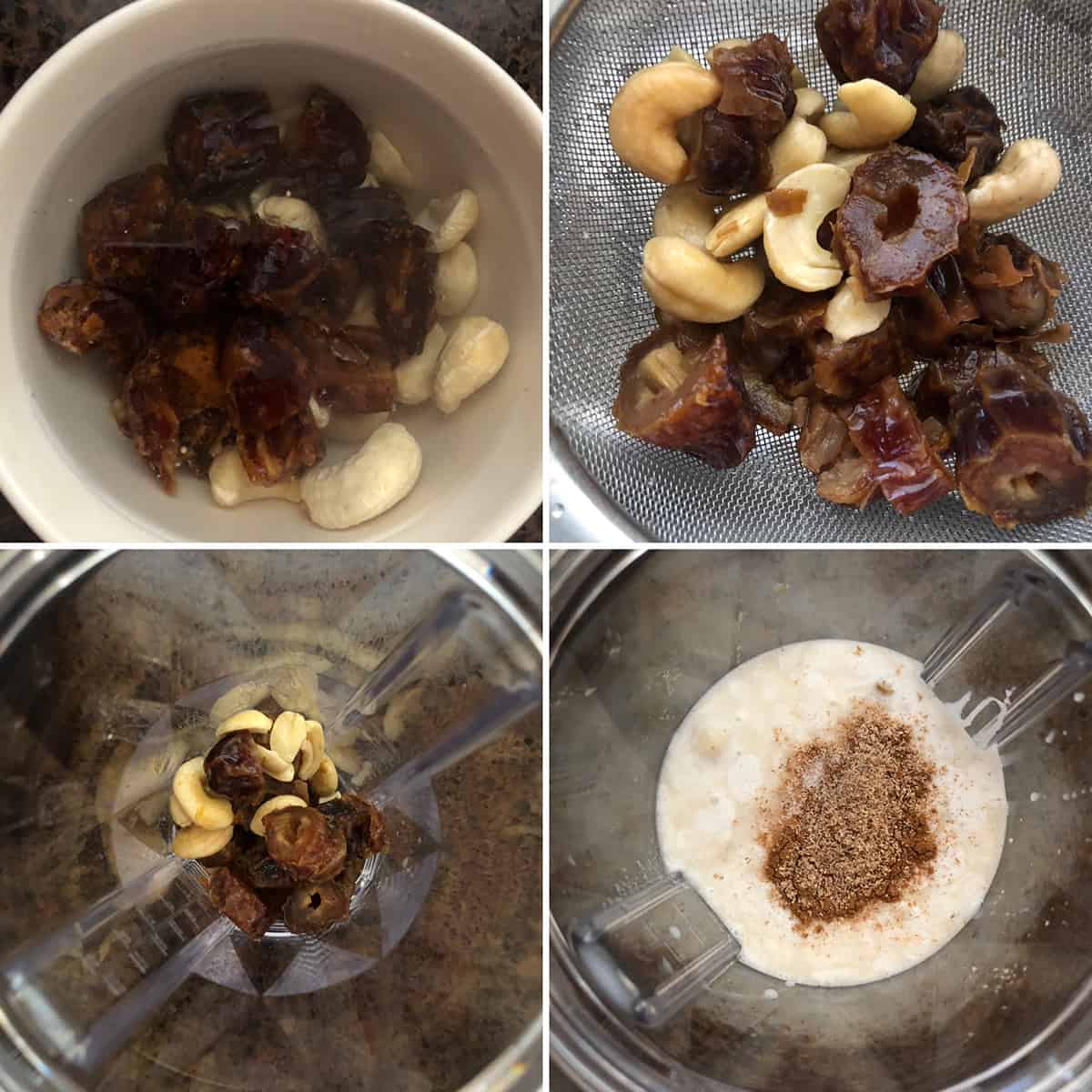 Soaked almonds and dates, drained and added to a blender along with almond milk and spices